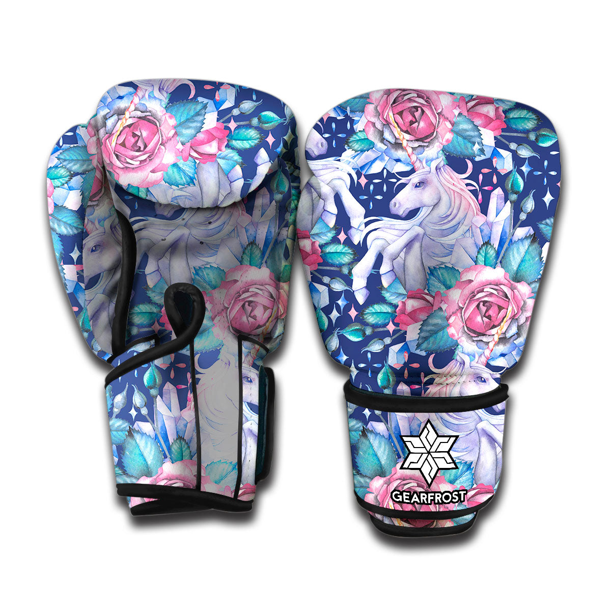 Blue Fairy Rose Unicorn Pattern Print Boxing Gloves