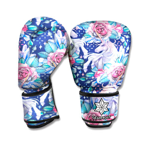 Blue Fairy Rose Unicorn Pattern Print Boxing Gloves