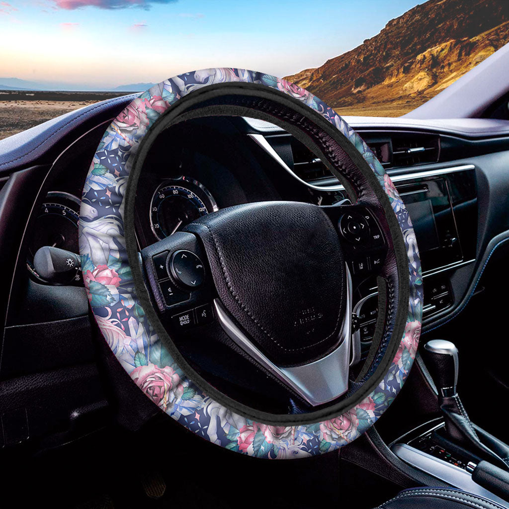 Blue Fairy Rose Unicorn Pattern Print Car Steering Wheel Cover