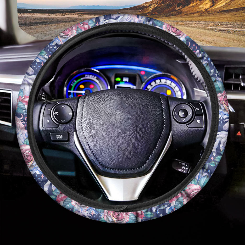 Blue Fairy Rose Unicorn Pattern Print Car Steering Wheel Cover