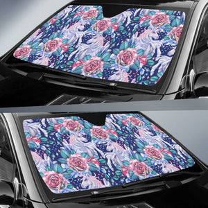 Blue Fairy Rose Unicorn Pattern Print Car Sun Shade GearFrost