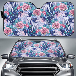 Blue Fairy Rose Unicorn Pattern Print Car Sun Shade GearFrost