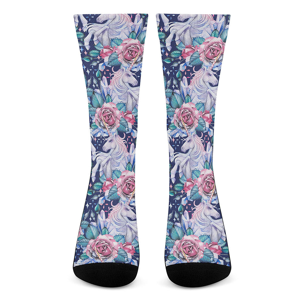 Blue Fairy Rose Unicorn Pattern Print Crew Socks
