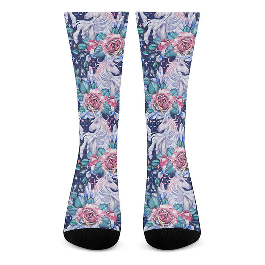 Blue Fairy Rose Unicorn Pattern Print Crew Socks