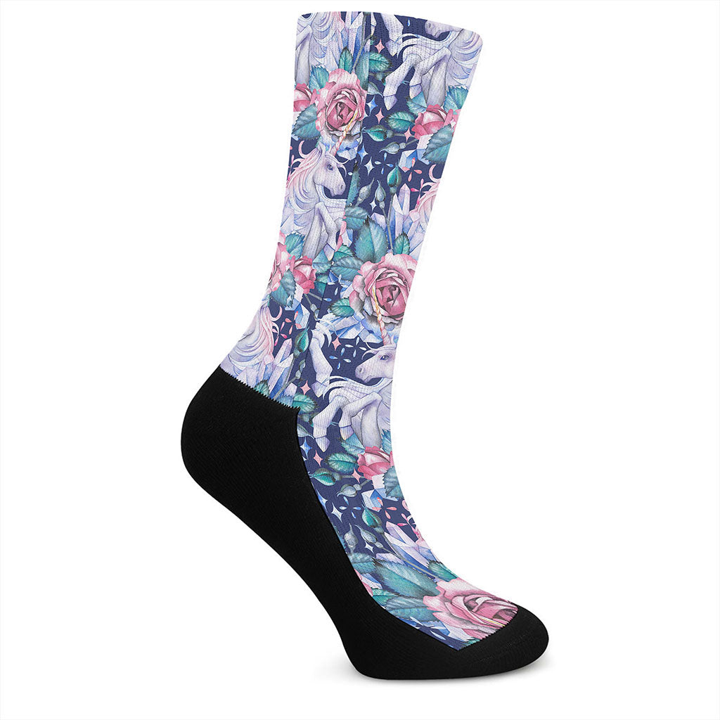 Blue Fairy Rose Unicorn Pattern Print Crew Socks
