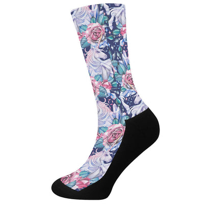 Blue Fairy Rose Unicorn Pattern Print Crew Socks
