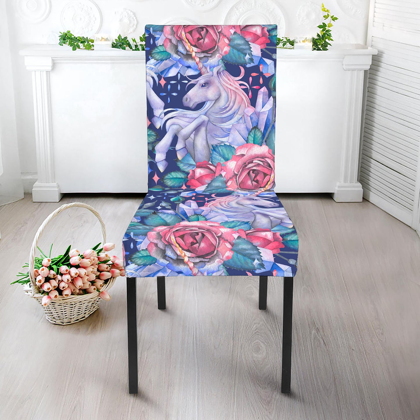 Blue Fairy Rose Unicorn Pattern Print Dining Chair Slipcover