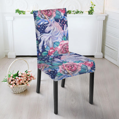 Blue Fairy Rose Unicorn Pattern Print Dining Chair Slipcover