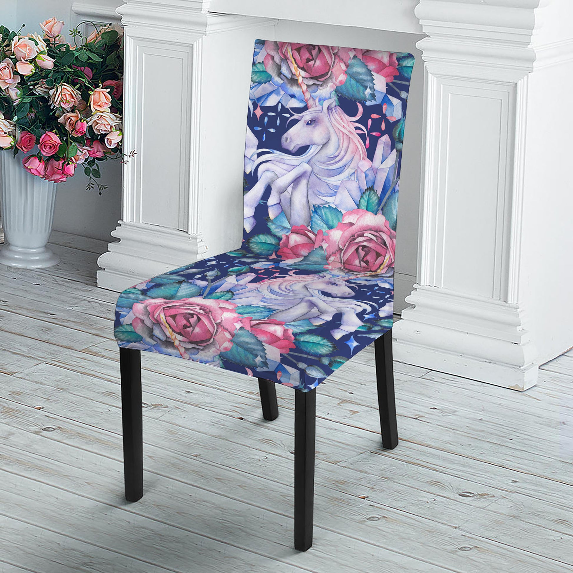 Blue Fairy Rose Unicorn Pattern Print Dining Chair Slipcover