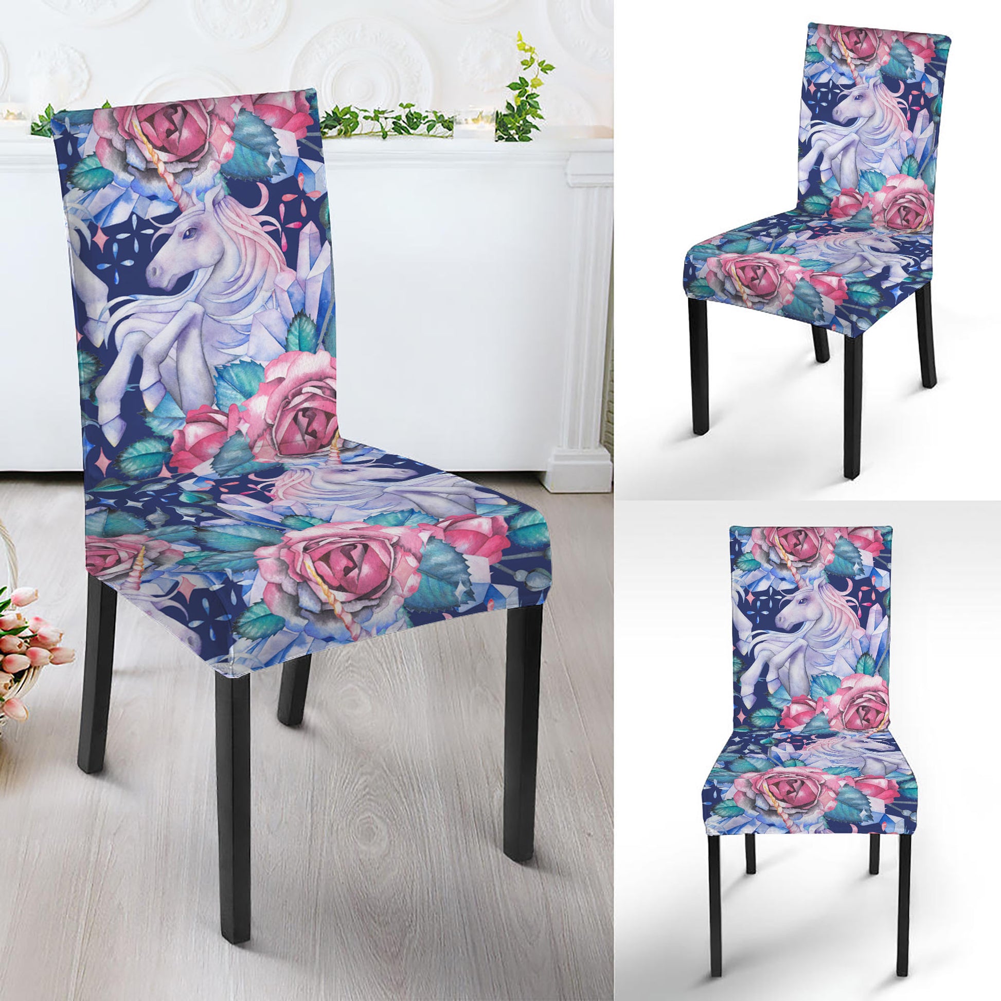 Blue Fairy Rose Unicorn Pattern Print Dining Chair Slipcover