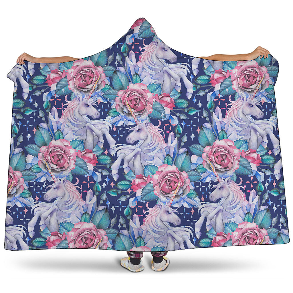 Blue Fairy Rose Unicorn Pattern Print Hooded Blanket