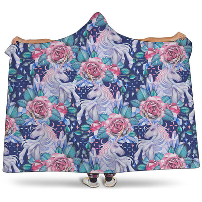 Blue Fairy Rose Unicorn Pattern Print Hooded Blanket