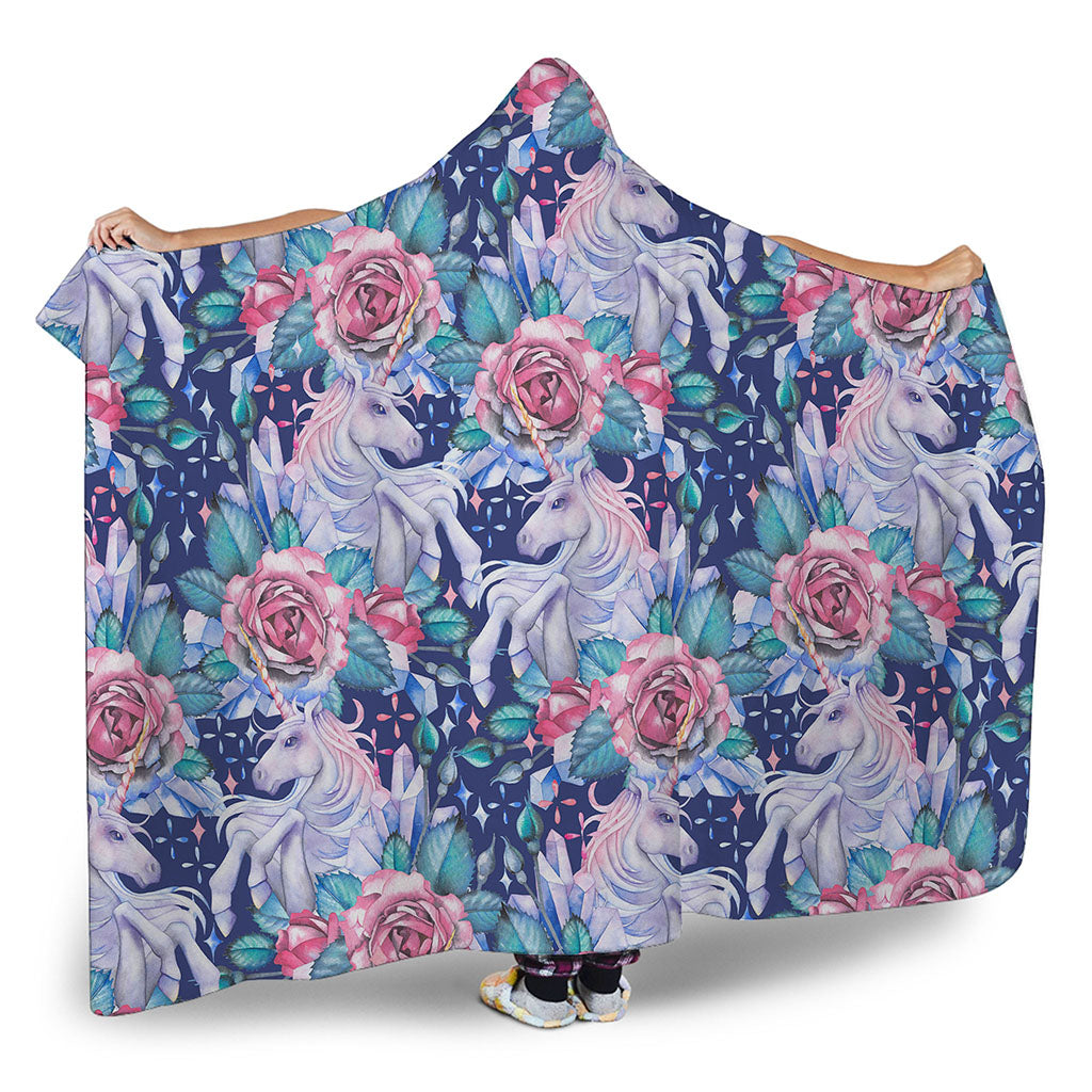 Blue Fairy Rose Unicorn Pattern Print Hooded Blanket
