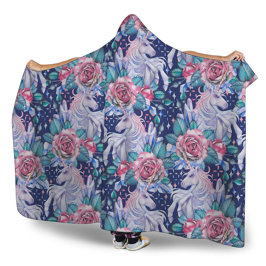 Blue Fairy Rose Unicorn Pattern Print Hooded Blanket
