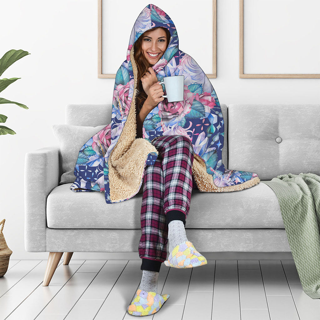 Blue Fairy Rose Unicorn Pattern Print Hooded Blanket