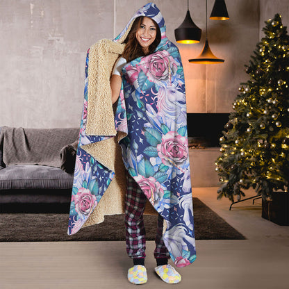 Blue Fairy Rose Unicorn Pattern Print Hooded Blanket