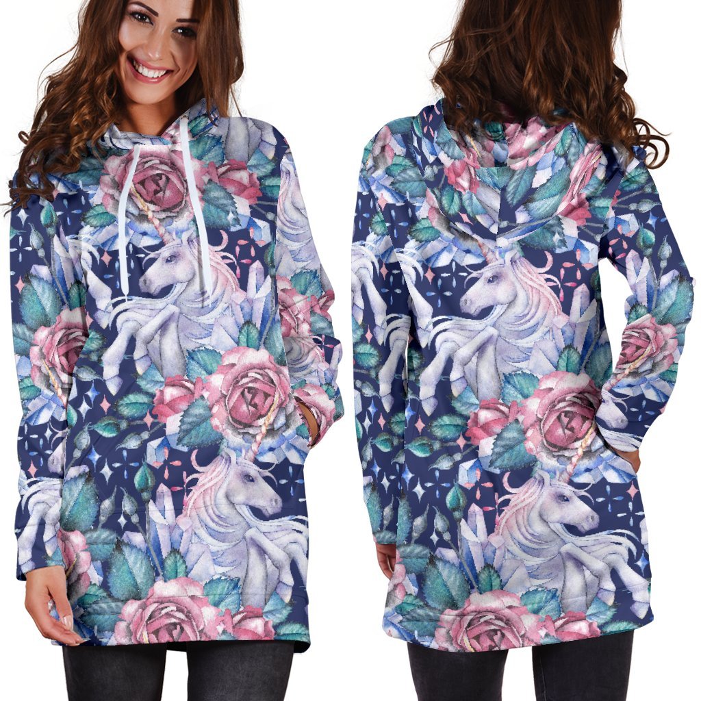 Blue Fairy Rose Unicorn Pattern Print Hoodie Dress GearFrost