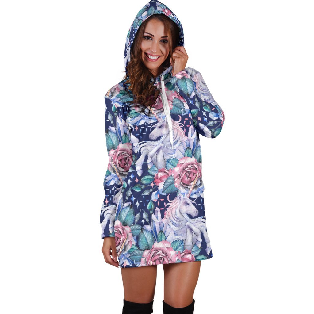 Blue Fairy Rose Unicorn Pattern Print Hoodie Dress GearFrost