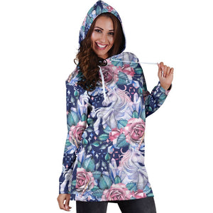 Blue Fairy Rose Unicorn Pattern Print Hoodie Dress GearFrost