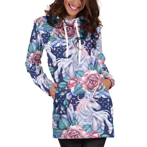 Blue Fairy Rose Unicorn Pattern Print Hoodie Dress GearFrost