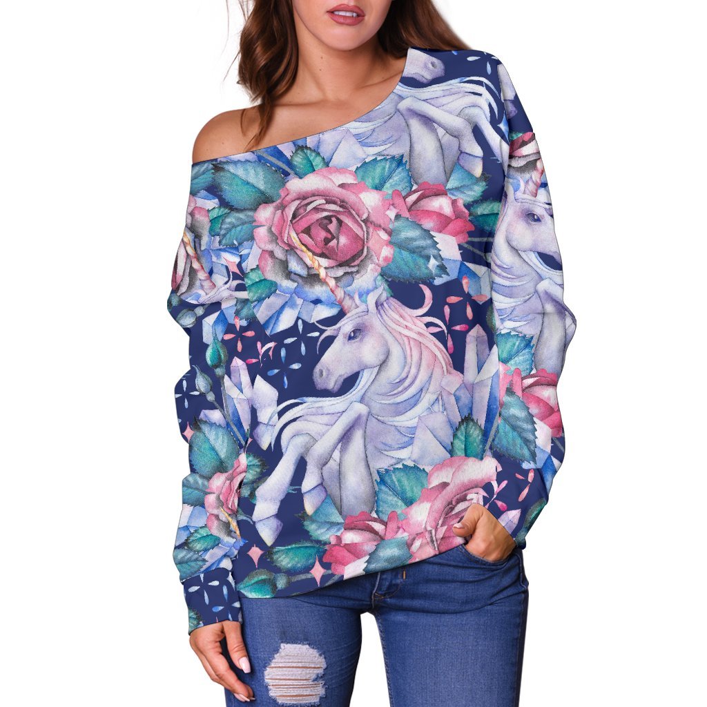 Blue Fairy Rose Unicorn Pattern Print Off Shoulder Sweatshirt GearFrost