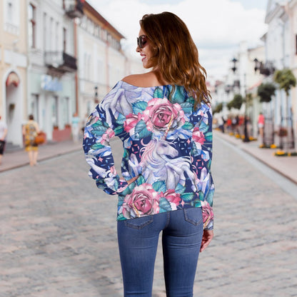 Blue Fairy Rose Unicorn Pattern Print Off Shoulder Sweatshirt GearFrost