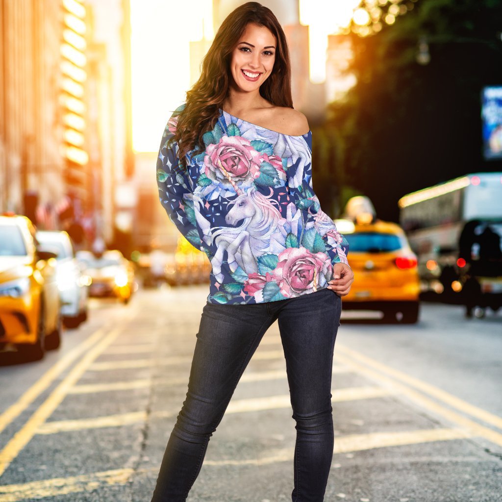 Blue Fairy Rose Unicorn Pattern Print Off Shoulder Sweatshirt GearFrost