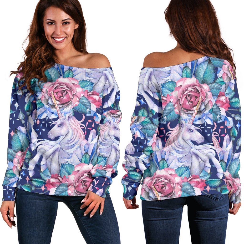 Blue Fairy Rose Unicorn Pattern Print Off Shoulder Sweatshirt GearFrost