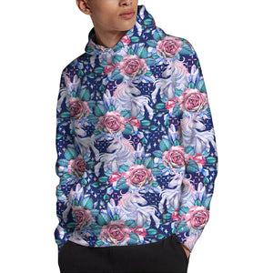 Blue Fairy Rose Unicorn Pattern Print Pullover Hoodie