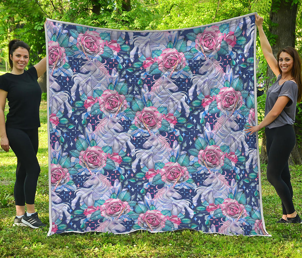 Blue Fairy Rose Unicorn Pattern Print Quilt