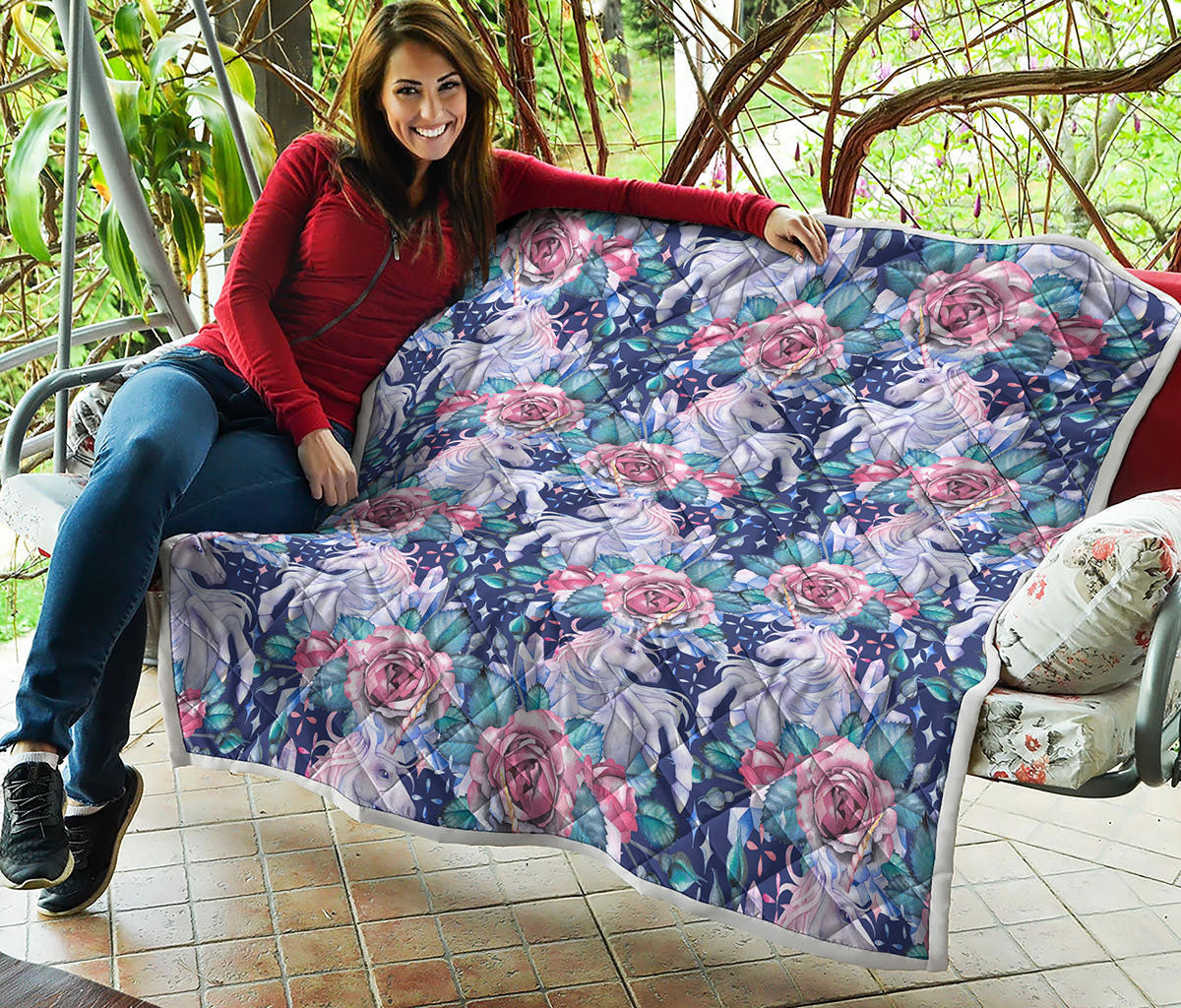 Blue Fairy Rose Unicorn Pattern Print Quilt