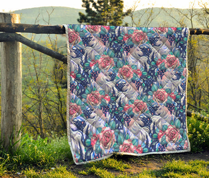 Blue Fairy Rose Unicorn Pattern Print Quilt