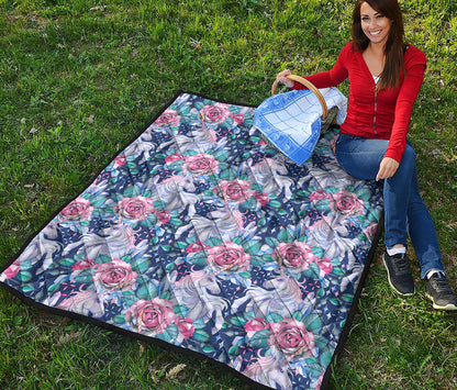 Blue Fairy Rose Unicorn Pattern Print Quilt