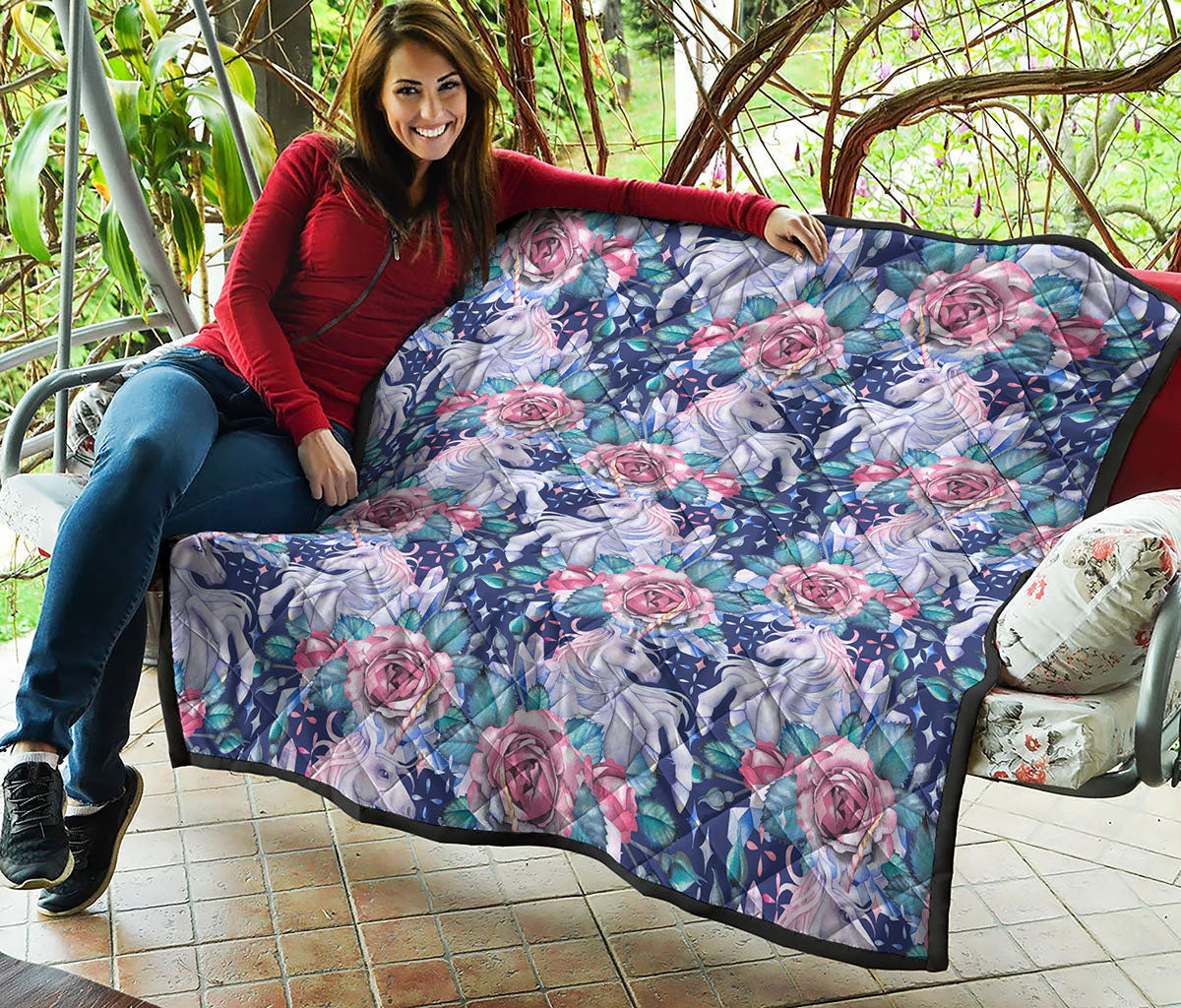Blue Fairy Rose Unicorn Pattern Print Quilt