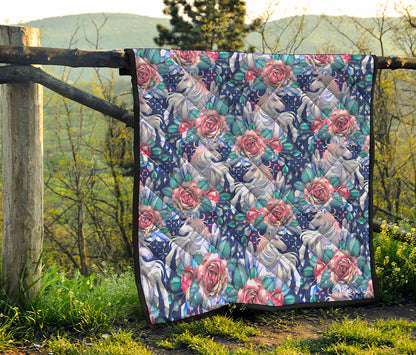 Blue Fairy Rose Unicorn Pattern Print Quilt