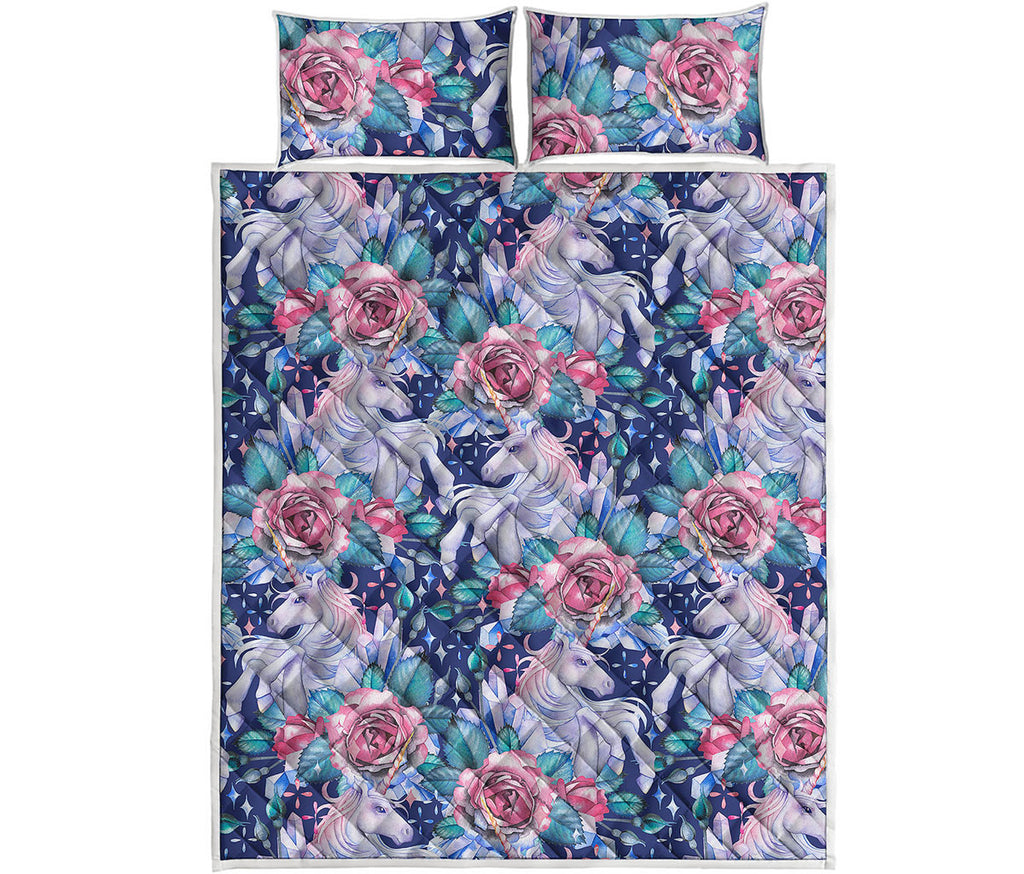 Blue Fairy Rose Unicorn Pattern Print Quilt Bed Set