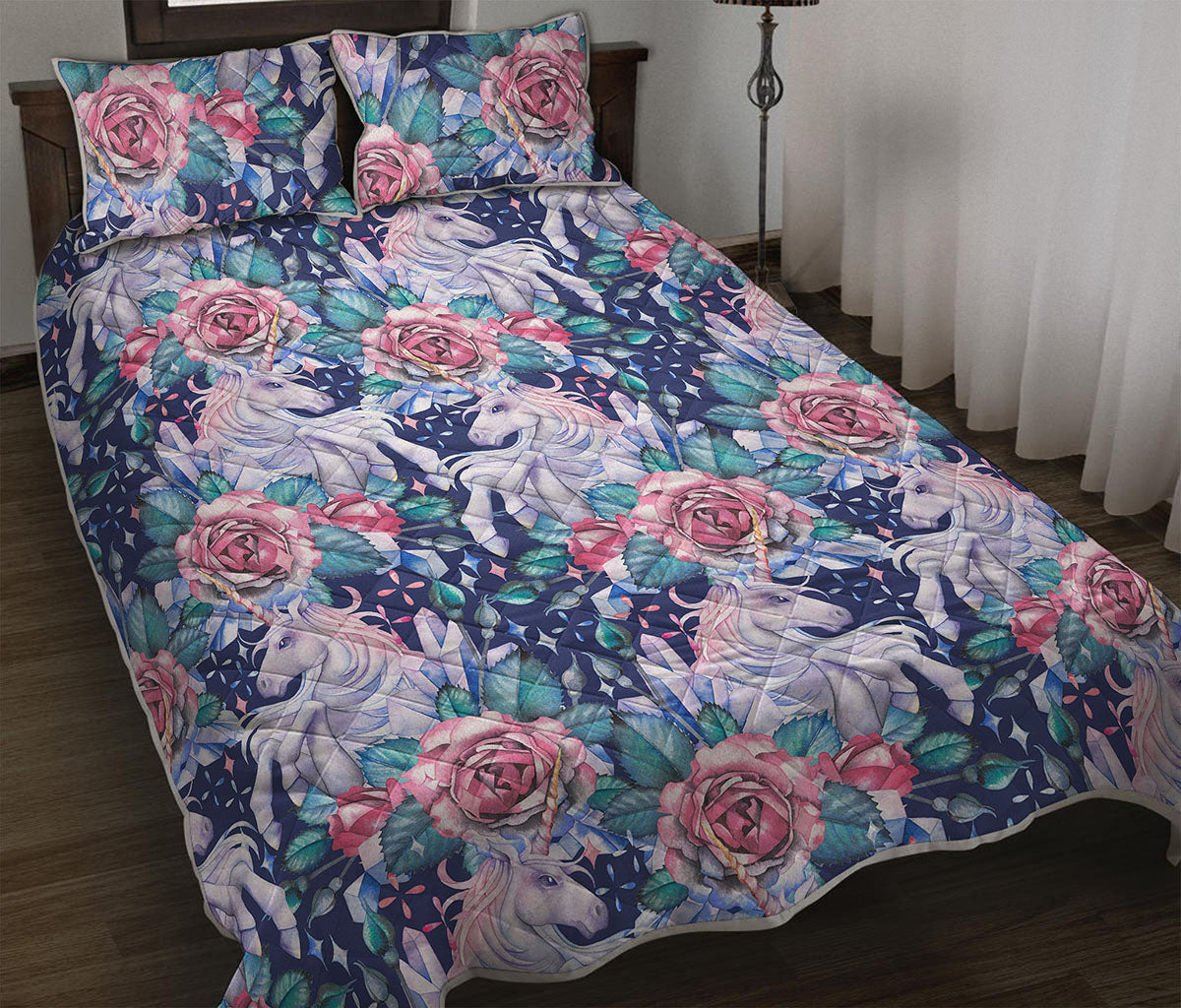 Blue Fairy Rose Unicorn Pattern Print Quilt Bed Set