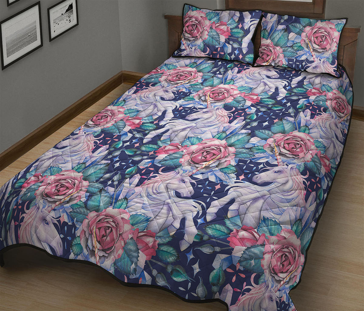 Blue Fairy Rose Unicorn Pattern Print Quilt Bed Set