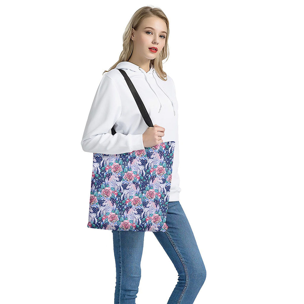 Blue Fairy Rose Unicorn Pattern Print Tote Bag