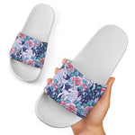 Blue Fairy Rose Unicorn Pattern Print White Slide Sandals