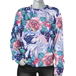 Blue Fairy Rose Unicorn Pattern Print Women's Crewneck Sweatshirt GearFrost