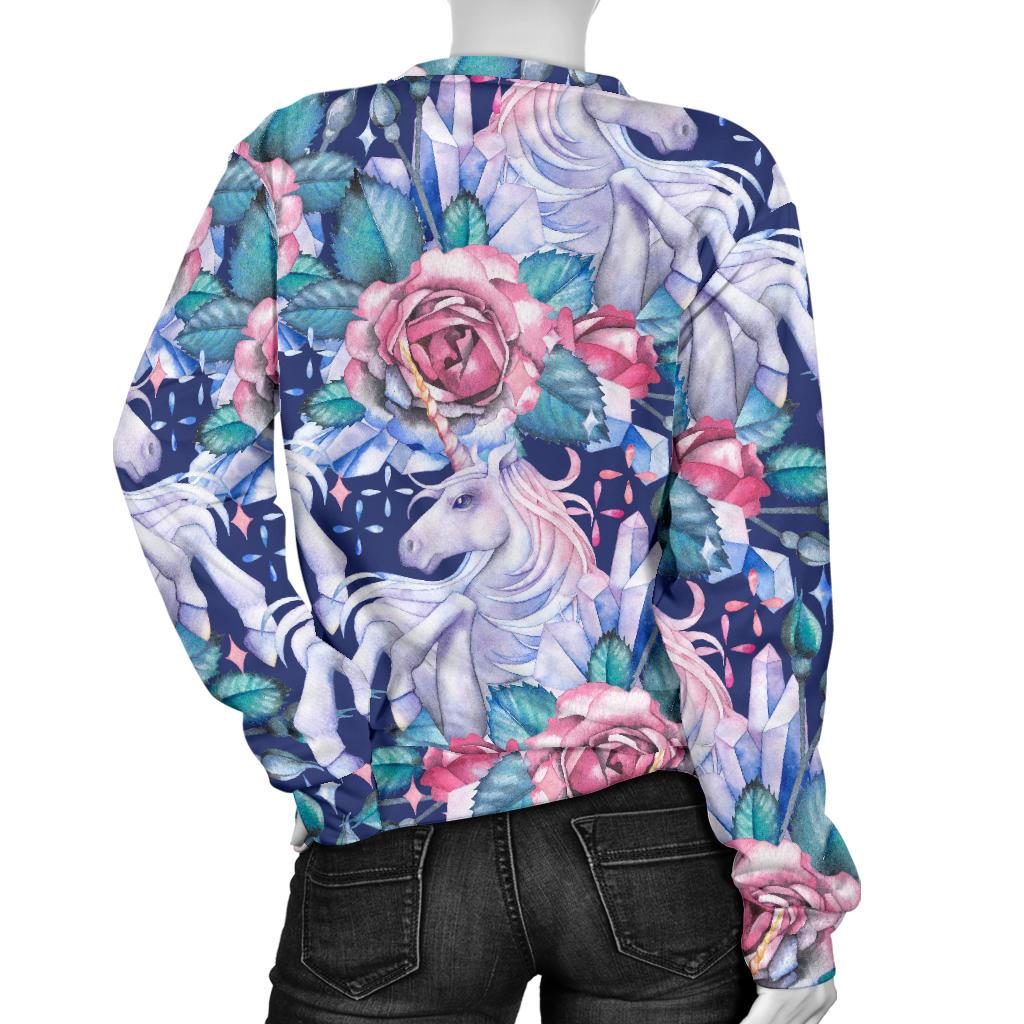 Blue Fairy Rose Unicorn Pattern Print Women's Crewneck Sweatshirt GearFrost