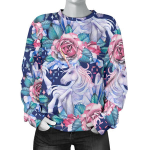 Blue Fairy Rose Unicorn Pattern Print Women's Crewneck Sweatshirt GearFrost