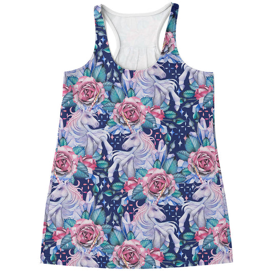 Blue Fairy Rose Unicorn Pattern Print Women's Racerback Tank Top