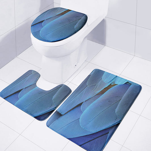 Blue Feather Print 3 Piece Bath Mat Set