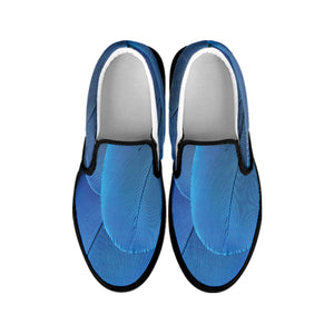 Blue Feather Print Black Slip On Shoes