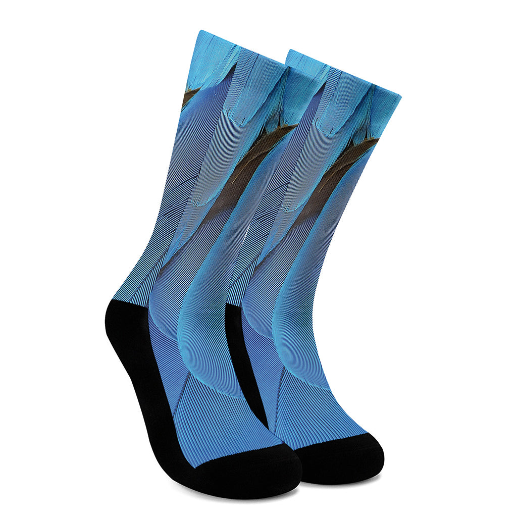 Blue Feather Print Crew Socks