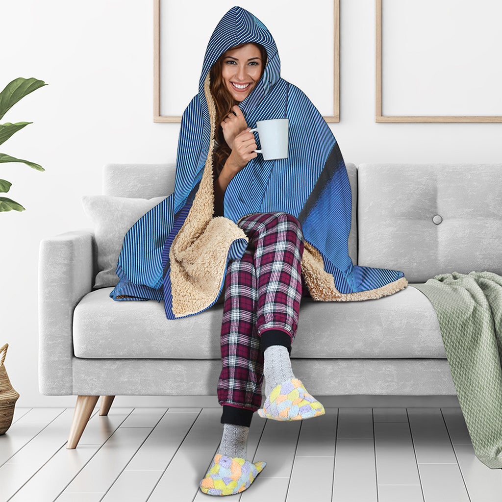 Blue Feather Print Hooded Blanket