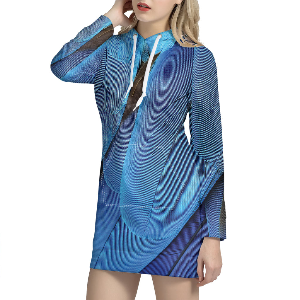 Blue Feather Print Hoodie Dress