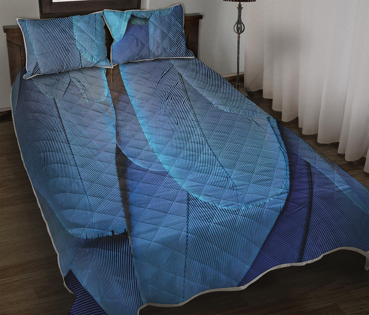 Blue Feather Print Quilt Bed Set